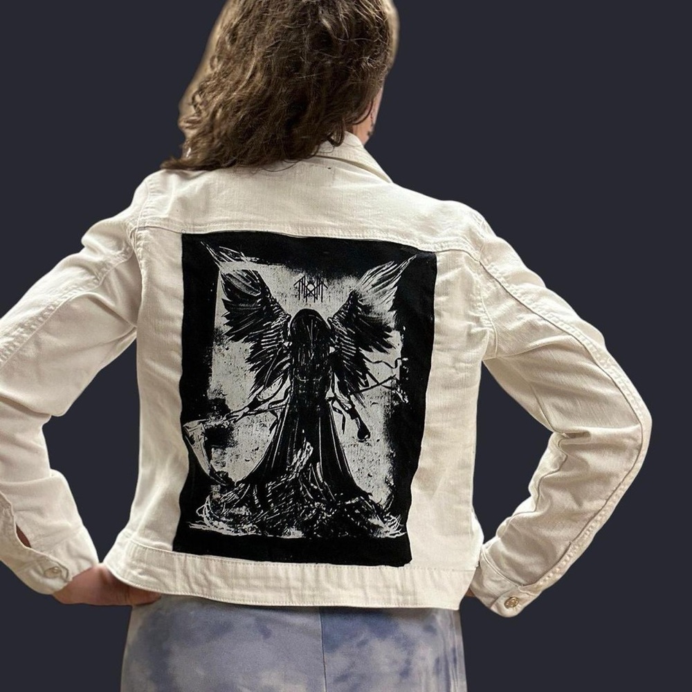 Custom White Denim Jacket with Angel of Death Sleep Token Tshirt Graphic - Picture 3 of 8